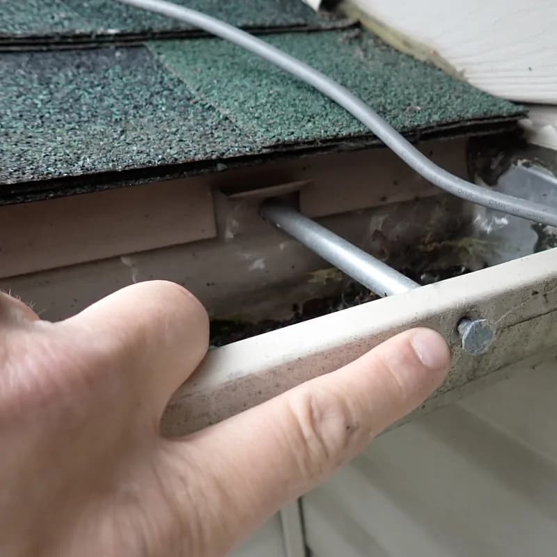 Main sous une gouttière décollée du bord d'un toit, avec des débris à l'intérieur